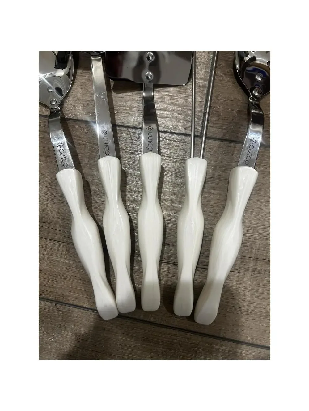 5 White Pearl Handle CUTCO Kitchen Utensils Spatula Ladle Spoons Whisk Lot